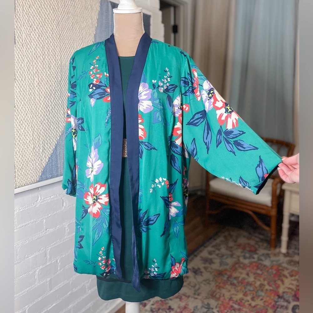 IMAN Green and Navy Tropical Kimono Cardigan